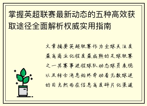 掌握英超联赛最新动态的五种高效获取途径全面解析权威实用指南 掌握英超联赛最新动态的五种高效获取途径全面解析权威实用指南