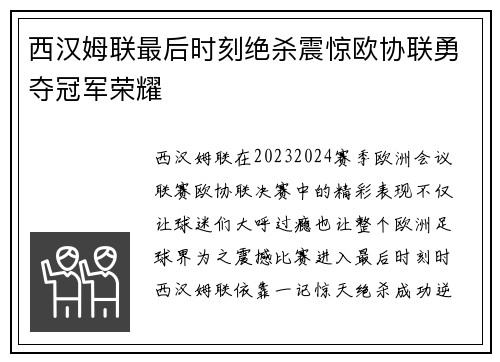 西汉姆联最后时刻绝杀震惊欧协联勇夺冠军荣耀